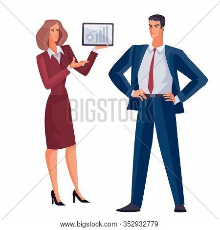 Man And Woman Stand On A White Background, She With A Tablet In Her Hands, He Looks At Nen And That 