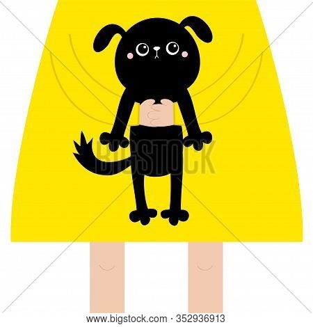 Girl Holding Black Cat. Cute Cartoon Funny Baby Chatacter. Hanging Body Paw Print, Tail. Kawaii Anim