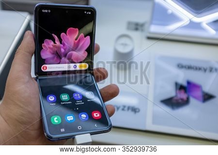 February 22, 2020, Moscow, Russia. New Folding Smartphone With A Folding Screen Samsung Galaxy Z Fli