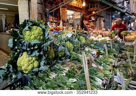 Palermo, Sicily - February 8, 2020: The Farmer Market At Discesa Maccheronai Street In Palermo Where