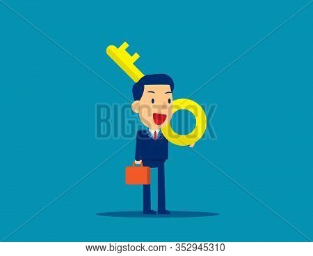 Cute Business Person Holding Giant Key On Shoulder. Success Concept, Flat Cartoon Vector Character S