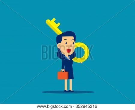 Cute Business Person Holding Giant Key On Shoulder. Success Concept, Flat Cartoon Vector Character S