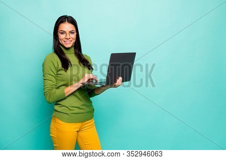 Portrait Of Nice Attractive Lovely Intellectual Cheerful Cheery Girl Holding In Hands Netbook It Gen