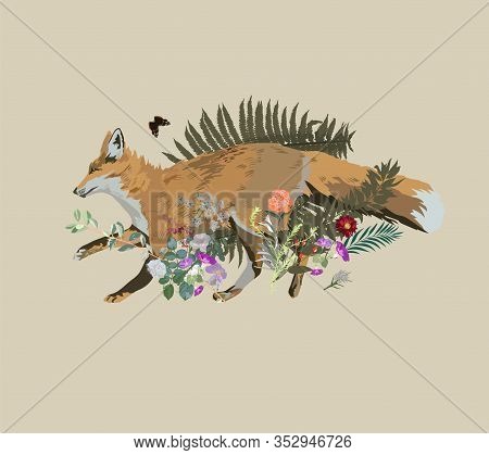Vector Illustration With Fox Running, Flower And Plants.