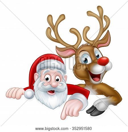 An Illustration Of A Cute Cartoon Santa And Christmas Reindeer Pointing At A Sign
