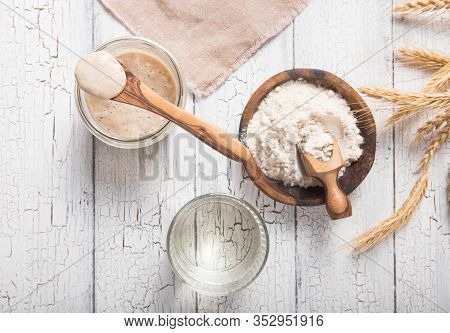 The Leaven For Bread Is Active. Starter
Sourdough ( Fermented Mixture Of Water And Flour To Use As L