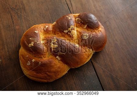Sweet Bread, Easter Greek Tsoureki Braid On Wood Background