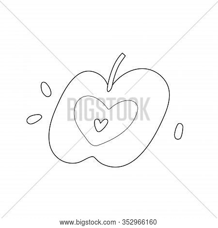Doodle Apple Outline Drawing, Cut With Seeds, Cute Cartoon Illustration, Isolated Vector Drawing, Si