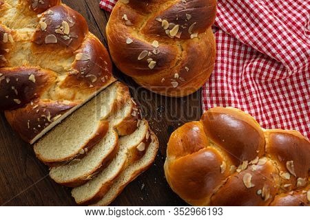Easter Greek Tsoureki Braid, Sweet Bread Brioche On Wood