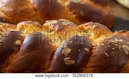Easter Greek Tsoureki Braid, Sweet Bread Brioche Background