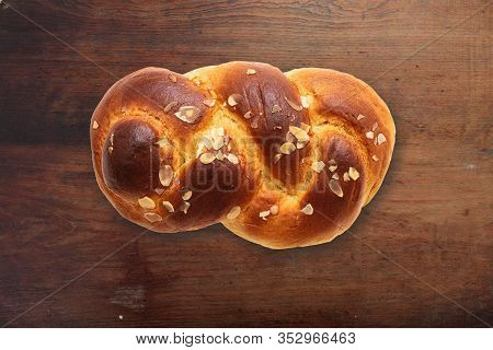 Sweet Bread, Easter Greek Tsoureki Braid On Wood Background