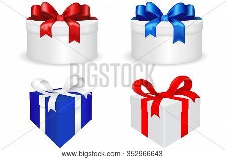 Gift Boxes Decorated With Ribbon Bows. Vector 3d Illustration Isolated On White Background
