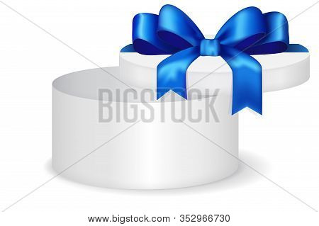 White Gift Boc With Blue Ribbon Bow. Open Package. Vector 3d Illustration Isolated On White Backgrou