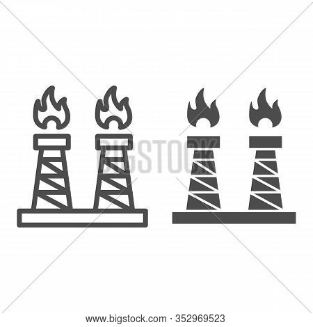 Fuel Production Line And Solid Icon. Towers, Extraction Gas Process. Oil Industry Vector Design Conc