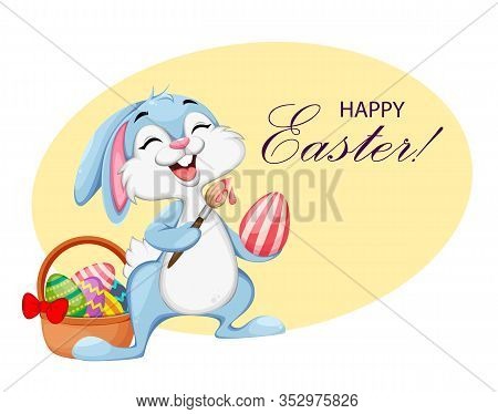 Easter Rabbit With Colored Egg. Greeting Card With Funny Easter Bunny Cartoon Character. Stock Vecto