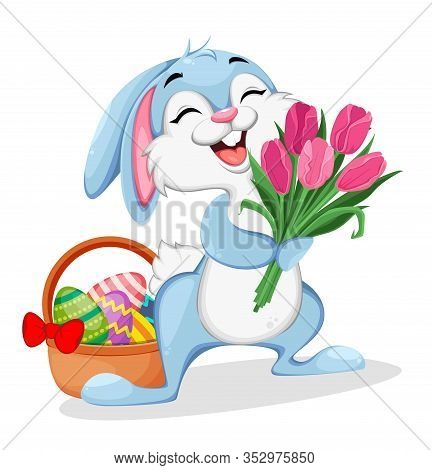 Easter Rabbit Holds A Bouquet Of Tulips. Funny Easter Bunny Cartoon Character. Stock Vector Illustra