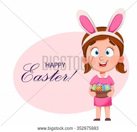 Happy Easter. Cute Little Girl With Basket Of Eggs Wears Bunny Ears. Funny Cartoon Character. Stock 