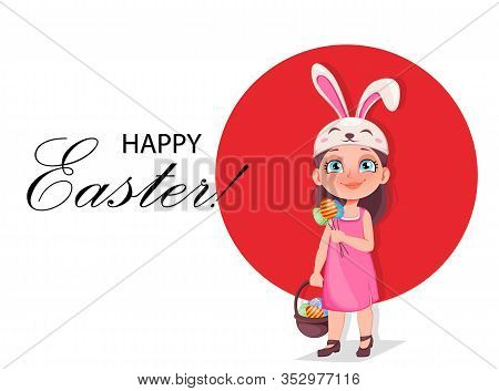 Happy Easter Greeting Card. Cute Little Girl Wears Bunny Ears. Funny Kid Cartoon Character Holds Col