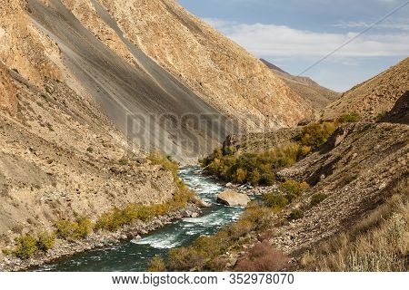 Kokemeren River, Mountain River In The Naryn Region Of Kyrgyzstan
