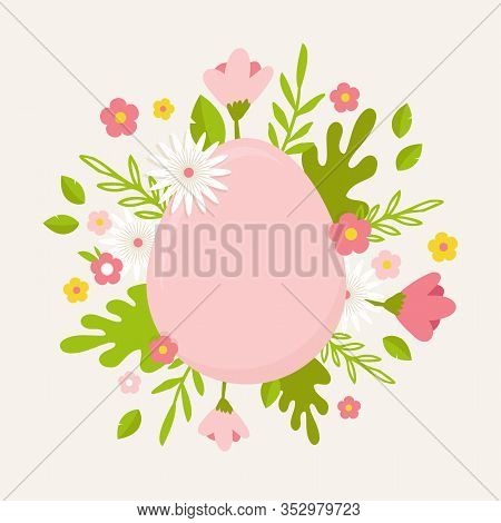 Happy Easter. Greeting Card, Poster Or Banner With Bunny, Flowers And Easter Egg. Egg Hunt Poster. S