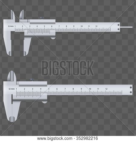 Set Of Vernier Caliper And Scale. Measuring Tool And Wquipment. Editable Vector Illustration Isolate