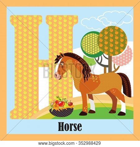 Vector Cartoon Flashcards Of Animal Alphabet, Letter H. Colorful Cartoon Illustration Of Letter And 