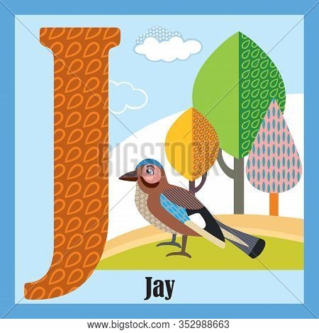 Vector Cartoon Flashcards Of Animal Alphabet, Letter J. Colorful Cartoon Illustration Of Letter And 