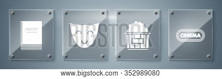 Set Cinema Poster Design Template , Popcorn In Cardboard Box , Comedy Theatrical Mask And Scenario .
