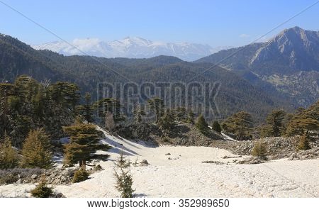 Nice landscape in Turkish mountains near Tahtali Dagi mountain top. Famous Lician tourist way