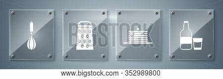 Set Glass Bottle With Milk And Glass , Stack Of Pancakes , Grater And Kitchen Whisk . Square Glass P