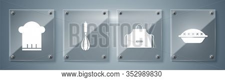 Set Homemade Pie , Kitchen Apron , Kitchen Whisk And Chef Hat . Square Glass Panels. Vector