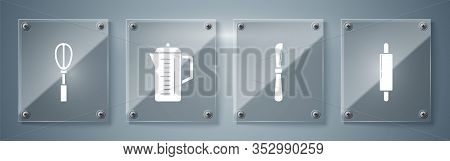 Set Rolling Pin , Knife , Teapot And Kitchen Whisk . Square Glass Panels. Vector