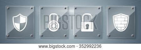 Set Shield With Cyber Security Brick Wall , Open Padlock , Safe Combination Lock Wheel And Shield . 