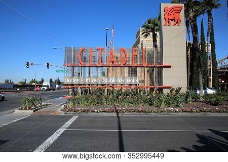 City of Commerce, California / USA - February 26, 2020: Citadel outlet mall featuring various stores and restaurants to cater to many different peoples taste and pleasures. Editorial Use Only.