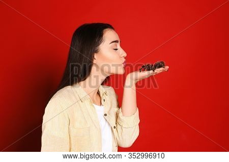 Woman Holding Striped Knee Tarantula On Red Background. Exotic Pet
