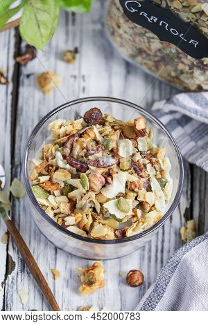 Vegan Keto Granola Made With Pecans, Hazelnuts, Unsweetened Coconut, Sunflower Seeds, Pepita Seeds A