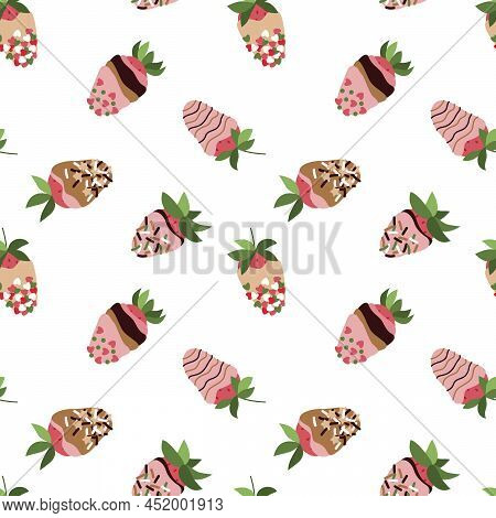 Chocolate Covered Strawberry Seamless Pattern. Strawberry In Glaze, Chocolate, Sprinkle. Vector