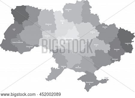 Geographical Map Of Ukraine With The Borders Of Its Constituent Regions And The Names Of The Main Ci