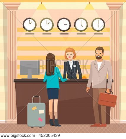 Young Couple With Suitcases Standing At Reception Desk. People Communicating With Hotel Administrato