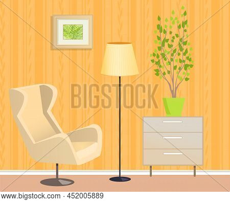 Living Room Interior Design. Cozy Room With Armchair Decor Accessories. Planning And Arrangement Of 