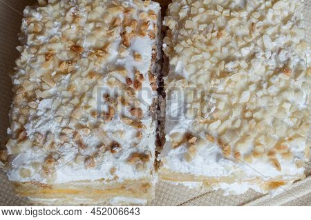 Overhead View Of Millefeuille Made With Puff Pastry And Filled With Pastry Cream And Meringue Topped