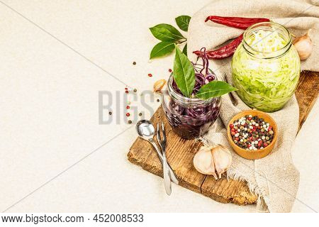 A Mix Of Fermented Cabbage. Healthy Probiotic Food, Ready To Eat. Traditional Cuisine, Spices