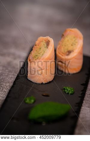 Salmon And Smoked Salmon Ballotine Recipe, Watercress Mash. High Quality Photo