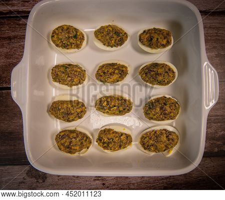 Chimay Stuffed Eggs Recipe Baked In The Oven. High Quality Photo