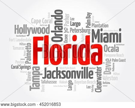 List Of Cities In Florida Usa State, Word Cloud Concept Background