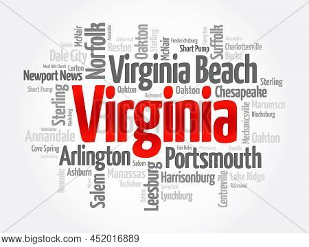List Of Cities In Virginia Usa State, Word Cloud Concept Background