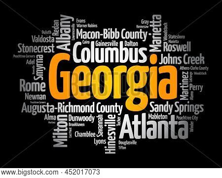 List Of Cities In Georgia Usa State, Word Cloud Concept Background