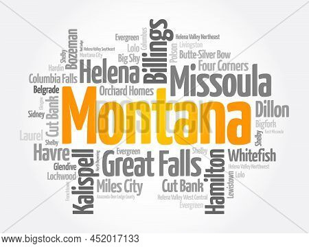 List Of Cities In Montana Usa State, Word Cloud Concept Background
