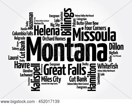 List Of Cities In Montana Usa State, Word Cloud Concept Background