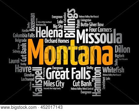 List Of Cities In Montana Usa State, Word Cloud Concept Background
